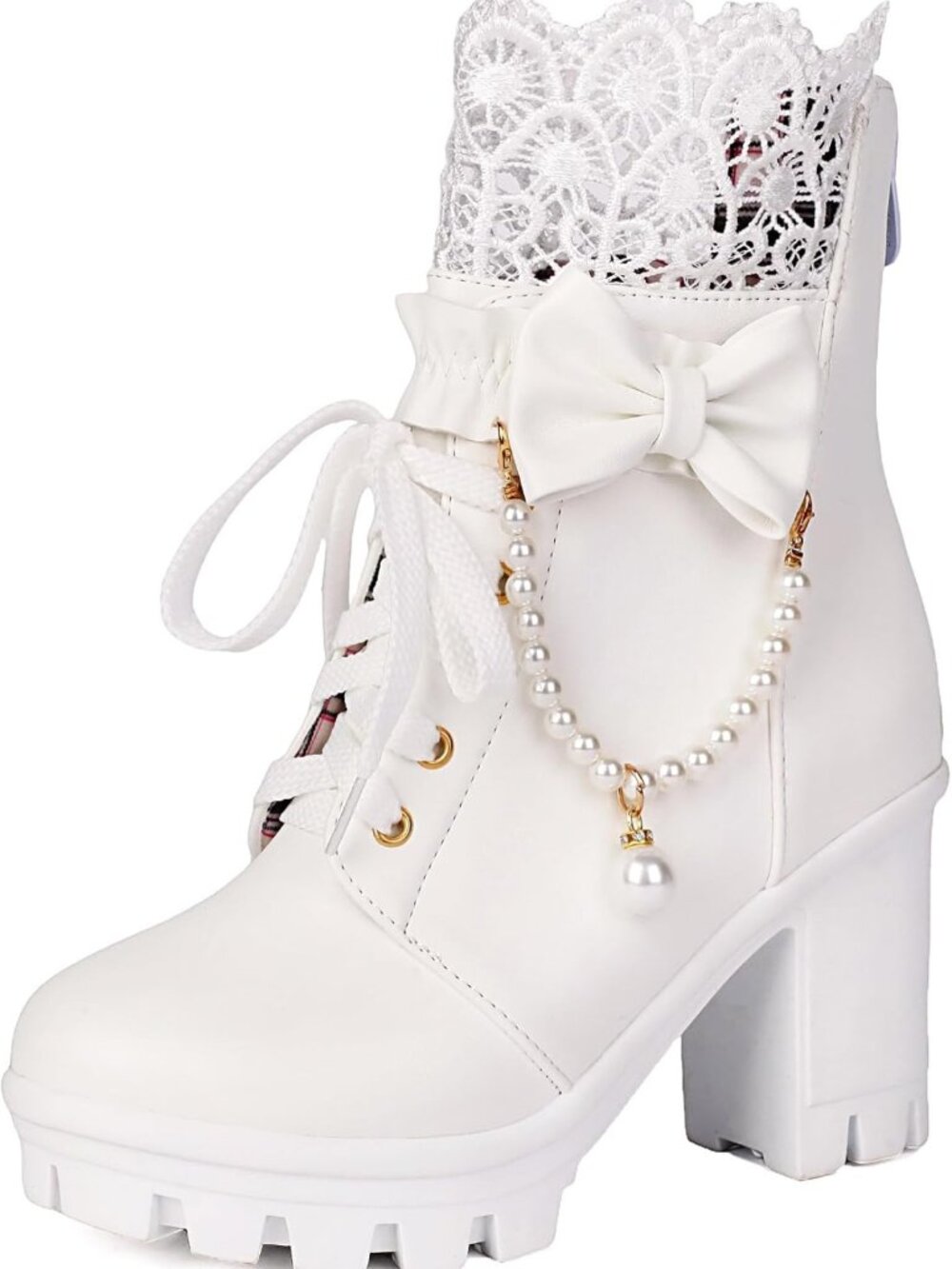 Stylish Women's Platform Ankle Boots with Lace and Pearl Detail - Goth Chic